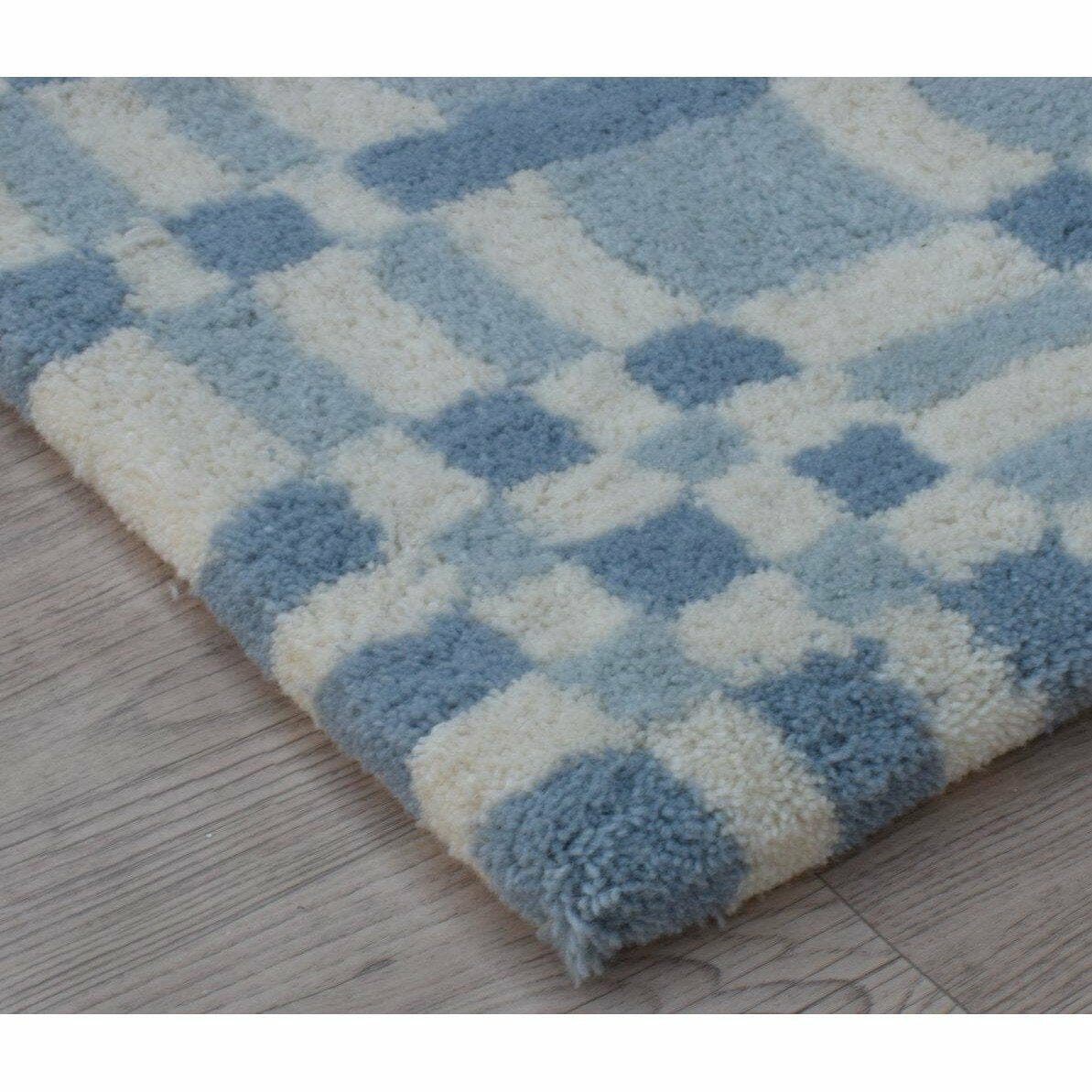 Fluffy Plaid Blue Wool Shag handtufted wool Organic Weave Shop 3&#39; x 10&#39; RUNNER Blue Wool